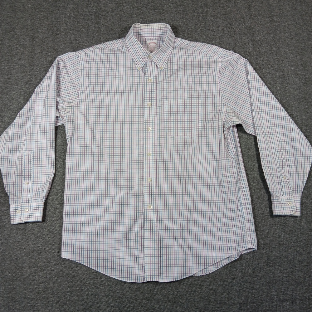 Brooks Brothers Shirt Mens Large White Purple Blue Plaid Button Down Regular Fit